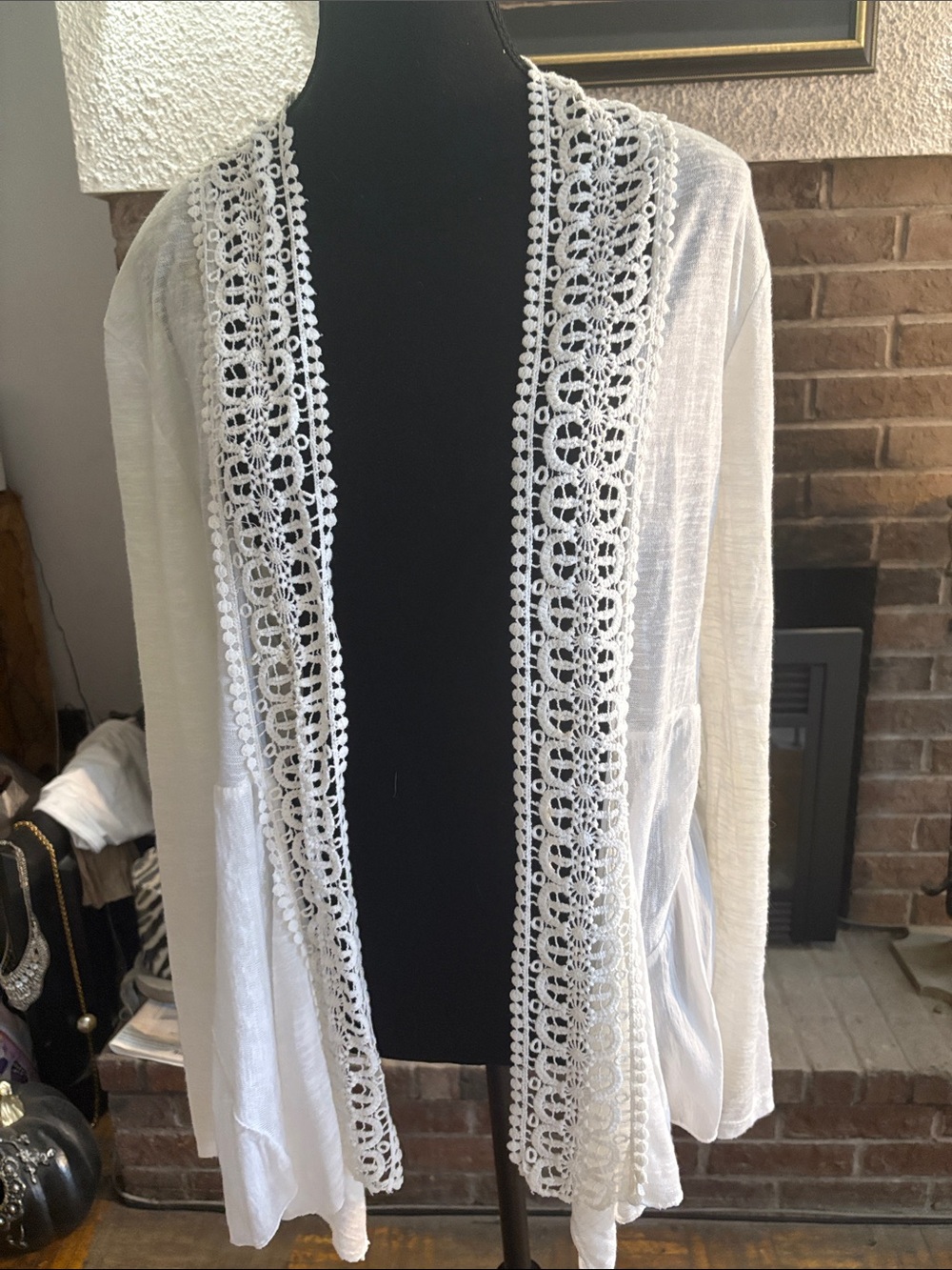Lace-Trim Open Front Cardigan Shrug - White